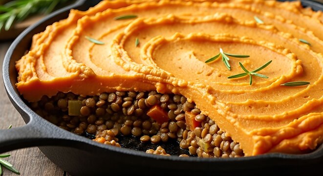 Delicious Vegan Shepherds Pie with Sweet Potato Topping and Lentil Filling.