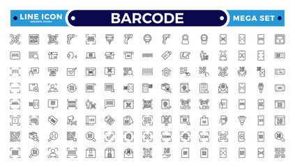Barcode and QR Code Scanner Outline Icons – Retail Inventory System, Digital Laser Reader, Handheld Device, POS Payment, Warehouse Logistics Identification Collection. Editable stroke outline icon.  © artshuvo