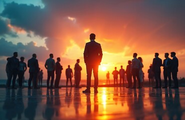 Fototapeta premium Man in suit stands facing bright sunset horizon. Team of people watch him. They gather on reflective ground. Business meeting outdoors, group awaits direction. Ambition, future plans are discussed.