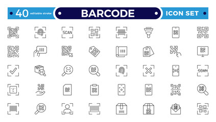 Barcode and QR Code Scanner Outline Icons – Retail Inventory System, Digital Laser Reader, Handheld Device, POS Payment, Warehouse Logistics Identification Collection. Editable stroke outline icon.  © artshuvo