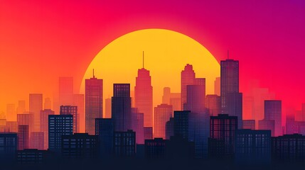 Obraz premium Graphic cityscape with an oversized sun dominating the skyline, clean geometric buildings in silhouette, bold minimal shapes and strong contrast, vibrant gradient sky, modern poster style, ultra