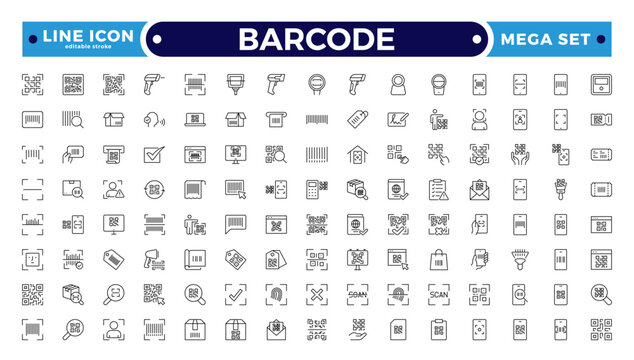 Barcode and QR Code Scanner Outline Icons &ndash; Retail Inventory System, Digital Laser Reader, Handheld Device, POS Payment, Warehouse Logistics Identification Collection. Editable stroke outline icon.
