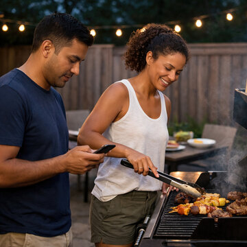 Couple Grilling Outdoors While Following Game Score