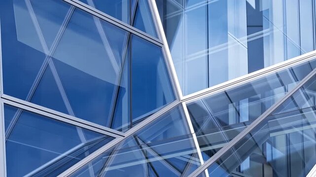 Blue Building Reflections. Reflective Blue Skyscraper Featuring Intersecting Steel Grid And Angular Design