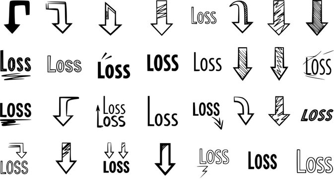 Hand-drawn doodle set of "Loss" text in various styles and downward arrows, symbolizing decrease, fall, bad business, or financial challenges.