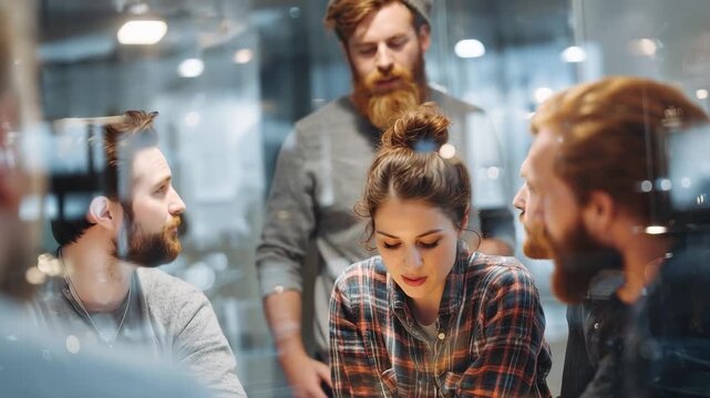 Team discusses ideas and strategies behind a glass wall in a modern office setting during a collaborative meeting
