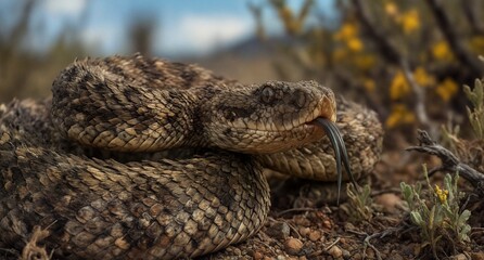 Naklejka premium western diamondback rattlesnake flicking tongue in arid desert habitat, close up.