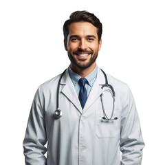 Fototapeta premium Smiling doctor wearing a stethoscope around his neck in professional attire isolated on transparent background