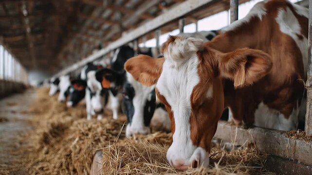 Dairy cows grazing on fodder in a barn during daylight, showcasing their feeding habits and cooperative behavior in a farm setting