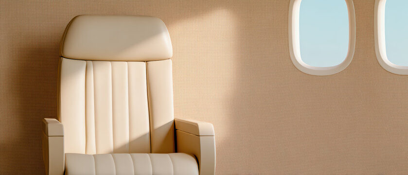 Private jet seat leather beige luxury comfort armrest window sunlight travel interior design modern minimal style close up