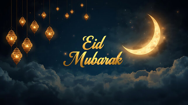 Eid Mubarak celebration with glowing lanterns and crescent moon night sky background