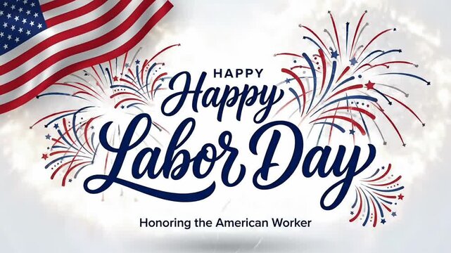 Animated patriotic labor day typography with fireworks and american flag honoring worker pride for international worker day festive motion background design