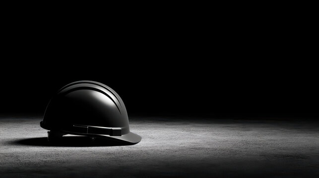 Black safety helmet placed upside down on concrete floor with dramatic lighting and dark background creating minimal style and focused composition