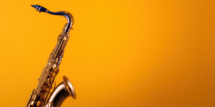 Golden saxophone neck with keys and mouthpiece close up on vibrant orange background, minimal style, smooth curve, shiny brass instrument with soft light reflection