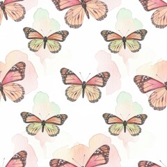 Fototapeta premium Delicate watercolor monarch butterflies seamless pattern with soft pastel washes