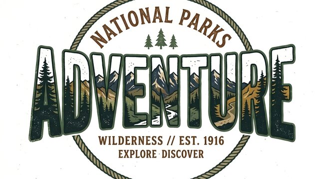 A vintage-style circular logo for National Parks Adventure, featuring mountains, trees, and text 'Wilderness // Est. 1916 Explore Discover'.