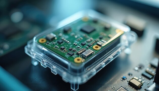 Green circuit board with tiny chips sits in clear plastic case. Electronic module is ready for assembly. Tiny components on PCB are visible.