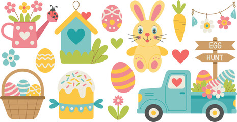 Cute Easter vector clip art set, colorful spring bunny eggs and garden elements for holiday design
