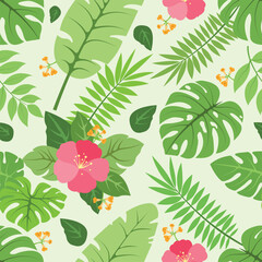 Naklejka premium Seamless Tropical Pattern with Monstera Leaves and Hibiscus Flowers
