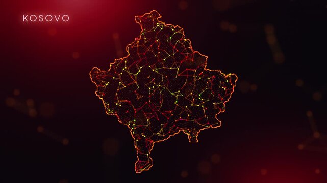 A dynamic motion video showcasing the Kosovo country border through a colorful plexus reveal. Glowing red and orange dots represent high-tech data communication and global digital networks.