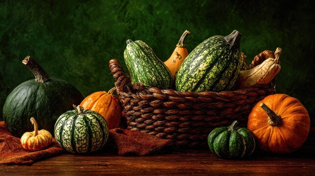 Assortment of harvested winter squashes and gourds arranged in and around a woven basket.