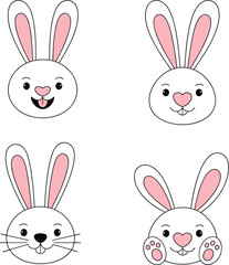 Fototapeta premium Cute white rabbit head vector set, kawaii bunny emoji collection for Easter stickers and nursery design