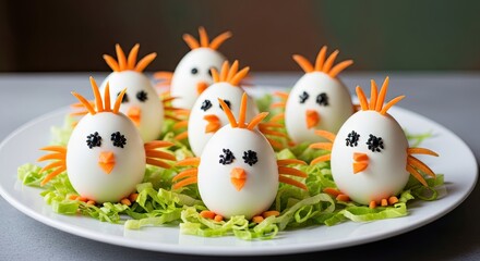 Obraz premium Adorable easter egg chicks on a bed of lettuce with carrot garnish