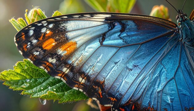Close-up macro of blue morpho butterfly wing resting on green leaf in natural sunlight