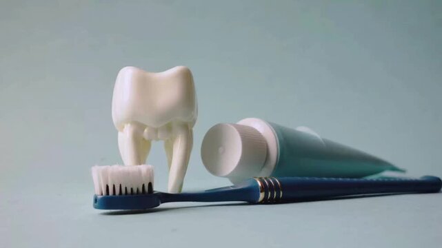 Toothbrush toothpaste and dental model on a light blue background dental care oral hygiene