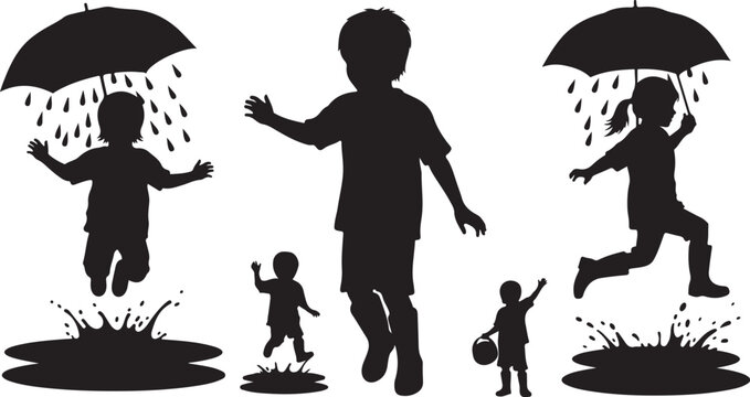 Children playing and jumping in the rain with umbrellas