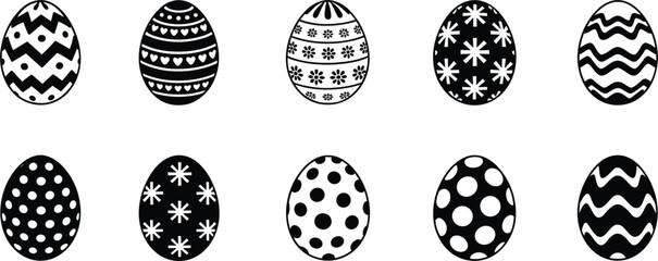Black and white Easter egg icons, decorative patterned silhouette collection, simple spring holiday ornament vector set © Billal