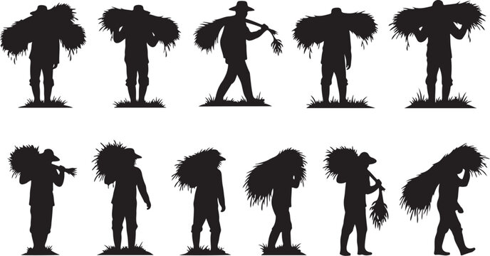 Silhouettes of people carrying bundles of hay or straw