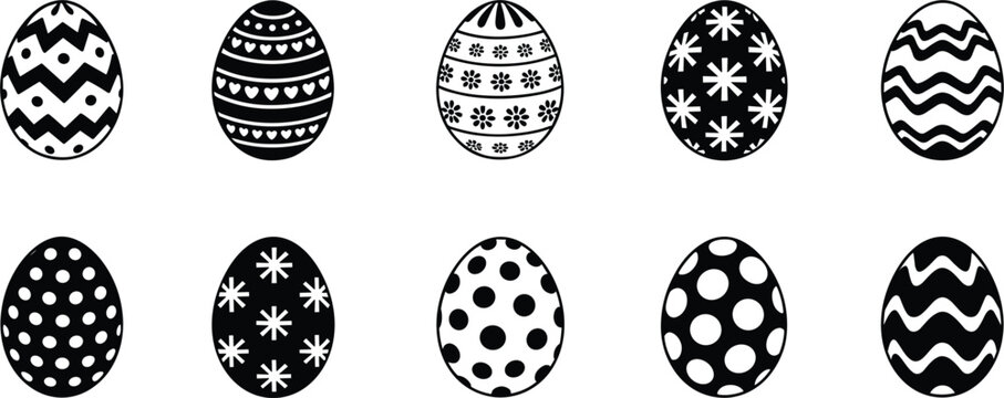 Black and white Easter egg icons, decorative patterned silhouette collection, simple spring holiday ornament vector set