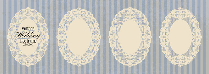 Lace doily frame set with floral mesh shapes. Oval whimsical paper lace in crochet style with decorative borders. Vector whimsy botanical silhouettes,squiggle shapes for scrapbooking, wedding collage.