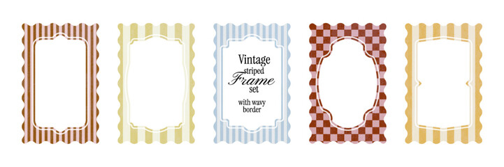 Fototapeta na wymiar Retro Mediterranean striped frame collection with wavy borders. Decorative labels with classic shapes and textured backgrounds. Frames for summer scrapbooking, menu graphics and packaging templates.