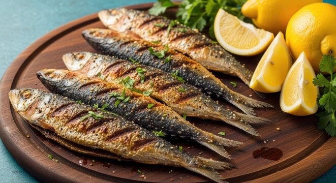 Delicious grilled sardines seasoned with herbs and served with fresh lemon wedges on a wooden board