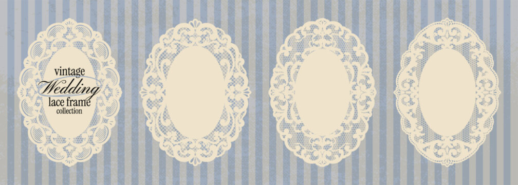Lace doily frame set with floral mesh shapes. Oval whimsical paper lace in crochet style with decorative borders. Vector whimsy botanical silhouettes,squiggle shapes for scrapbooking, wedding collage.