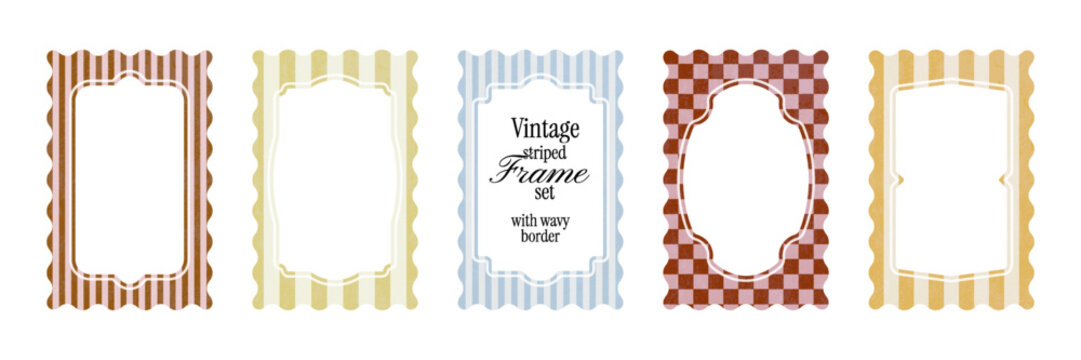 Retro Mediterranean striped frame collection with wavy borders. Decorative labels with classic shapes and textured backgrounds. Frames for summer scrapbooking, menu graphics and packaging templates.