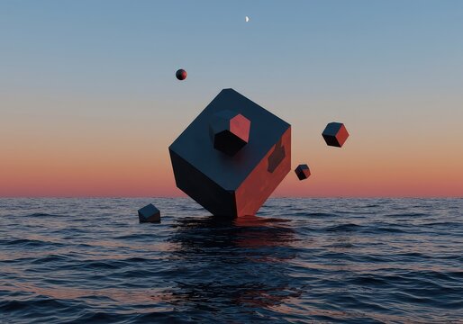 Deep, distorted landscape where impossible geometric solids defy gravity, floating over a churning sea under a vibrant, unsettling gradient sky, levitation, design, futuristic