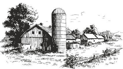 Farm barn silo rural countryside agricultural scene. Traditional farm buildings with storage tower and wooden structures. Banner for farming branding. Pencil illustration sketch style.