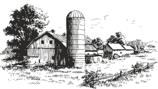 Farm barn silo rural countryside agricultural scene. Traditional farm buildings with storage tower and wooden structures. Banner for farming branding. Pencil illustration sketch style.