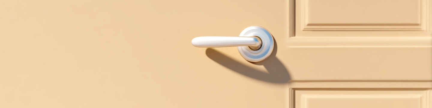 White door handle on beige door with decorative panels, casting soft shadow, minimal style close up of vehicle door handle interior in dfd d, simple and clean design