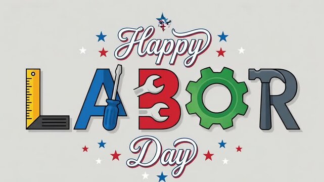 Animated creative labor day typography with tools elements representing workforce skills for international worker day celebration industrial motion design background