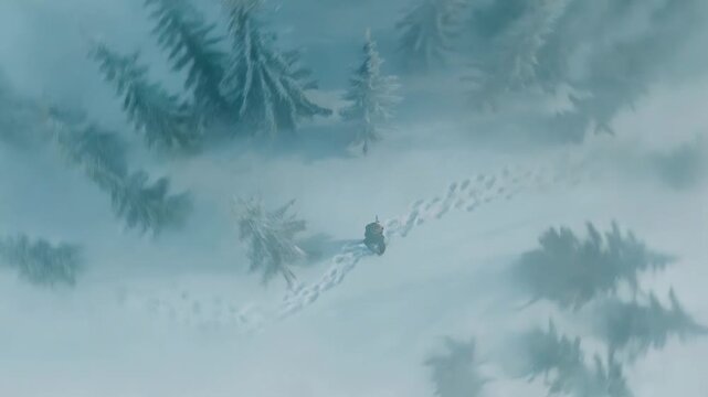 Viking warrior with braided beard standing in snowy forest wearing fur armor symbolizing strength survival and fearless northern spirit in epic landscape