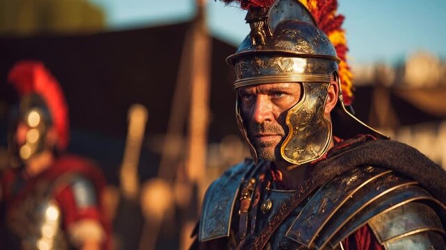 Decorated centurion in ornate armor standing in military encampment under warm sunset symbolizing command prestige tradition and disciplined leadership