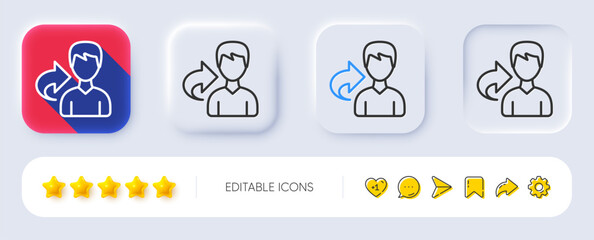 Fototapeta premium Share refer line icon. Neumorphic, Flat shadow, 3d buttons. User or businessman person sign. Male silhouette symbol. Line share icon. Social media icons. Vector