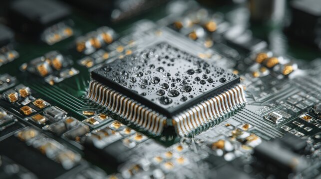 Wet microchip with condensation droplets on green circuit board, closeup inspection of soldered pins and traces, cool lab lighting, highdetail macro shot conveying vulnerability and reliability