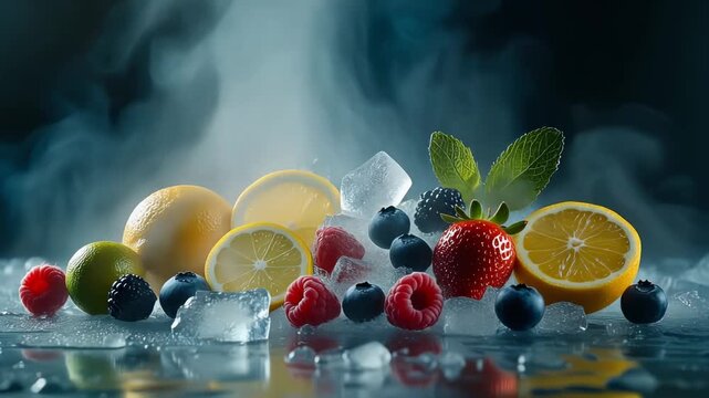 A vibrant assortment of fresh berries, lemons, and limes artfully arranged on a bed of ice with wisps of smoke.