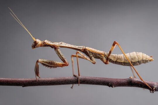 Studio macro photograph of a stick insect perched on a twig against a neutral backdrop