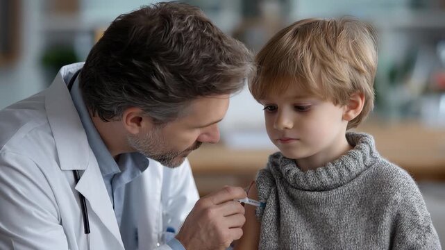 Doctor administers vaccine to young boy in a clinical setting, promoting health and safety in children during routine check-up